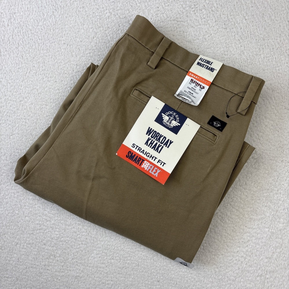 NEW DOCKERS 'Workday Khaki' Pants Mens 36/30 Beige Flex Stretch Straight Fit Leg